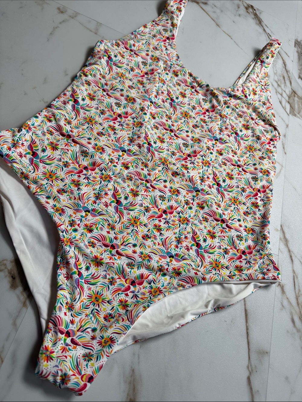 Palms Away All Over Print Bird One Piece Scoop Back Swimsuit Colorful Sz L